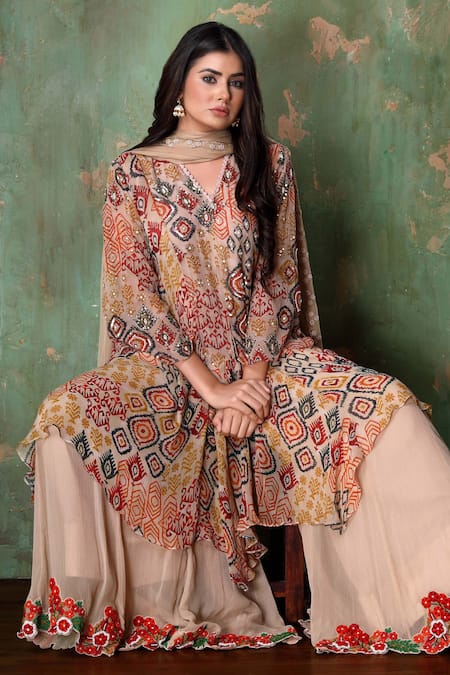 Buy Preeti Jhawar Multi Color Chiffon Geometric, Sequin V Neck Embroidered Kurta Sharara Set Online at Aza Fashions Buy_Preeti Jhawar_Multi Color Chiffon Geometric, Sequin V Neck Embroidered Kurta Sharara Set _Online_at_Aza_Fashions