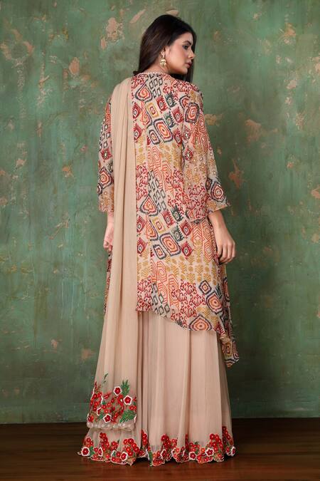 Shop Preeti Jhawar Multi Color Chiffon Geometric, Sequin V Neck Embroidered Kurta Sharara Set Online at Aza Fashions Shop_Preeti Jhawar_Multi Color Chiffon Geometric, Sequin V Neck Embroidered Kurta Sharara Set _Online_at_Aza_Fashions