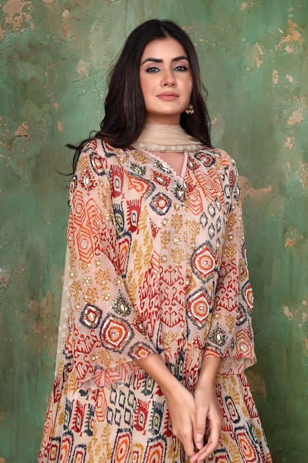 Preeti Jhawar Multi Color Chiffon Geometric, Sequin V Neck Embroidered Kurta Sharara Set at Aza Fashions Preeti Jhawar_Multi Color Chiffon Geometric, Sequin V Neck Embroidered Kurta Sharara Set _at_Aza_Fashions
