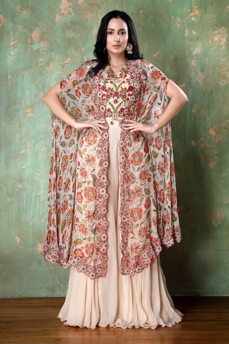 Preeti Jhawar Beige Chiffon, Cotton Satin Floral Cape Open, Crop Printed Jacket And Sharara Set 