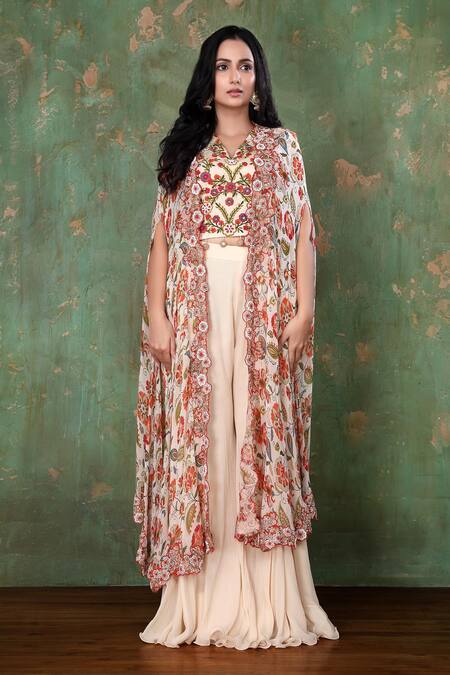 Preeti Jhawar Beige Chiffon, Cotton Satin Floral Cape Open, Crop Printed Jacket And Sharara Set Online at Aza Fashions Preeti Jhawar_Beige Chiffon, Cotton Satin Floral Cape Open, Crop Printed Jacket And Sharara Set _Online_at_Aza_Fashions