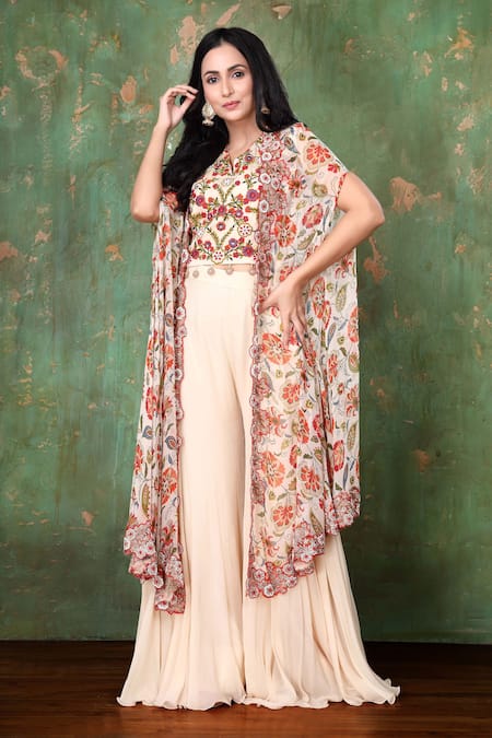 Buy Preeti Jhawar Beige Chiffon, Cotton Satin Floral Cape Open, Crop Printed Jacket And Sharara Set Online at Aza Fashions Buy_Preeti Jhawar_Beige Chiffon, Cotton Satin Floral Cape Open, Crop Printed Jacket And Sharara Set _Online_at_Aza_Fashions