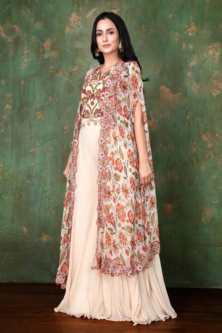 Shop Preeti Jhawar Beige Chiffon, Cotton Satin Floral Cape Open, Crop Printed Jacket And Sharara Set Online at Aza Fashions Shop_Preeti Jhawar_Beige Chiffon, Cotton Satin Floral Cape Open, Crop Printed Jacket And Sharara Set _Online_at_Aza_Fashions