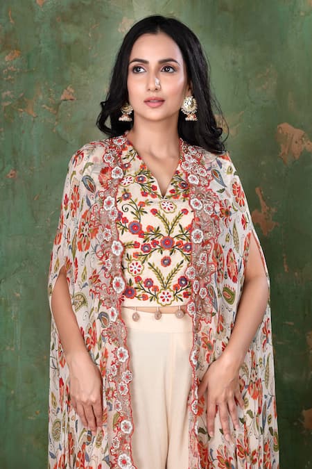 Preeti Jhawar Beige Chiffon, Cotton Satin Floral Cape Open, Crop Printed Jacket And Sharara Set at Aza Fashions Preeti Jhawar_Beige Chiffon, Cotton Satin Floral Cape Open, Crop Printed Jacket And Sharara Set _at_Aza_Fashions
