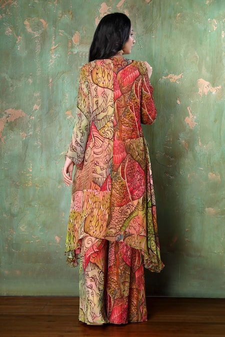 Shop Preeti Jhawar Multi Color Chiffon Floral Notched Print Kurta And Sharara Set at Aza Fashions Shop_Preeti Jhawar_Multi Color Chiffon Floral Notched Print Kurta And Sharara Set _at_Aza_Fashions