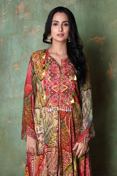 Buy Preeti Jhawar Multi Color Chiffon Floral Notched Print Kurta And Sharara Set Online at Aza Fashions Buy_Preeti Jhawar_Multi Color Chiffon Floral Notched Print Kurta And Sharara Set _Online_at_Aza_Fashions