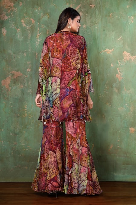 Shop Preeti Jhawar Multi Color Chiffon Floral Notched Printed Kurta And Sharara Set at Aza Fashions Shop_Preeti Jhawar_Multi Color Chiffon Floral Notched Printed Kurta And Sharara Set _at_Aza_Fashions