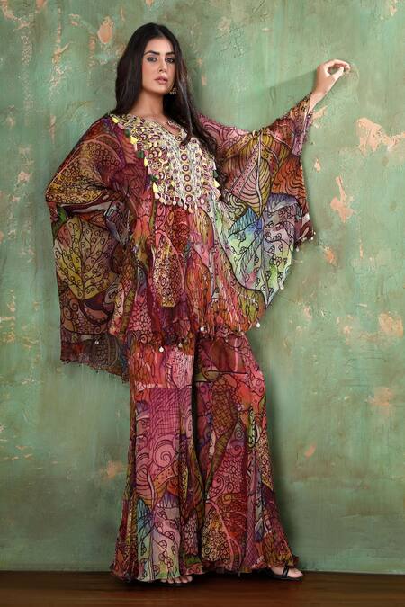 Preeti Jhawar Multi Color Chiffon Floral Notched Printed Kurta And Sharara Set Online at Aza Fashions Preeti Jhawar_Multi Color Chiffon Floral Notched Printed Kurta And Sharara Set _Online_at_Aza_Fashions