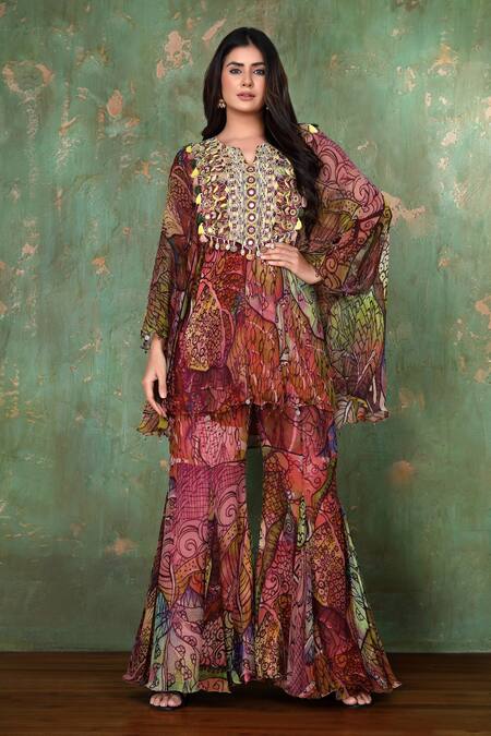 Buy Preeti Jhawar Multi Color Chiffon Floral Notched Printed Kurta And Sharara Set Online at Aza Fashions Buy_Preeti Jhawar_Multi Color Chiffon Floral Notched Printed Kurta And Sharara Set _Online_at_Aza_Fashions