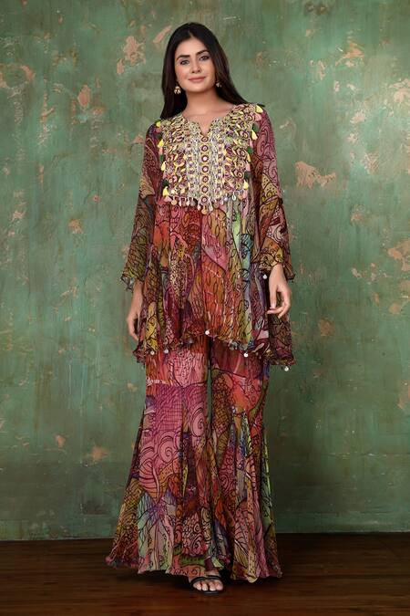 Shop Preeti Jhawar Multi Color Chiffon Floral Notched Printed Kurta And Sharara Set Online at Aza Fashions Shop_Preeti Jhawar_Multi Color Chiffon Floral Notched Printed Kurta And Sharara Set _Online_at_Aza_Fashions