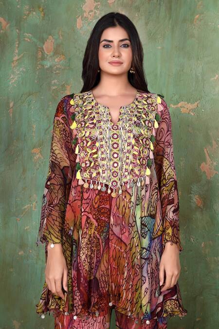 Preeti Jhawar Multi Color Chiffon Floral Notched Printed Kurta And Sharara Set at Aza Fashions Preeti Jhawar_Multi Color Chiffon Floral Notched Printed Kurta And Sharara Set _at_Aza_Fashions