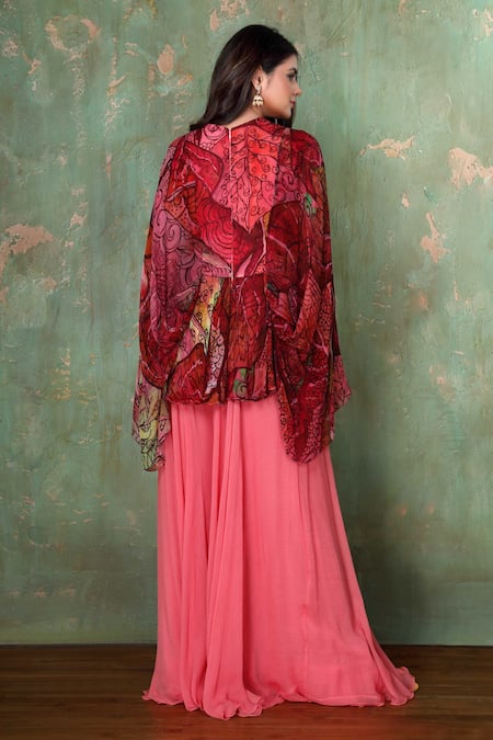 Shop Preeti Jhawar Multi Color Chiffon Floral V Neck Printed Top And Sharara Set at Aza Fashions Shop_Preeti Jhawar_Multi Color Chiffon Floral V Neck Printed Top And Sharara Set _at_Aza_Fashions