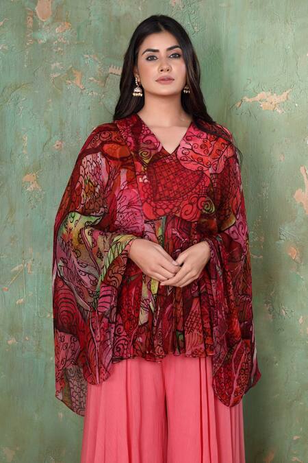 Shop Preeti Jhawar Multi Color Chiffon Floral V Neck Printed Top And Sharara Set Online at Aza Fashions Shop_Preeti Jhawar_Multi Color Chiffon Floral V Neck Printed Top And Sharara Set _Online_at_Aza_Fashions