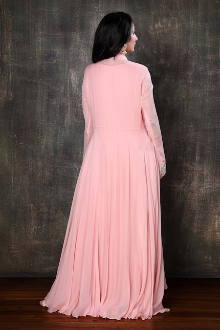 Shop Preeti Jhawar Pink Georgette, Cotton Satin Floral, Gota Open Embroidered Jacket And Pant Set at Aza Fashions Shop_Preeti Jhawar_Pink Georgette, Cotton Satin Floral, Gota Open Embroidered Jacket And Pant Set _at_Aza_Fashions