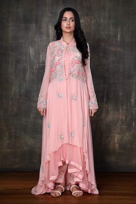 Preeti Jhawar Pink Georgette, Cotton Satin Floral, Gota Open Embroidered Jacket And Pant Set Online at Aza Fashions Preeti Jhawar_Pink Georgette, Cotton Satin Floral, Gota Open Embroidered Jacket And Pant Set _Online_at_Aza_Fashions
