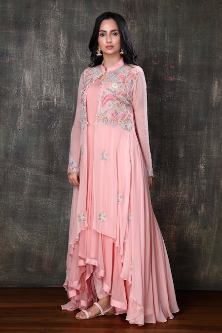 Buy Preeti Jhawar Pink Georgette, Cotton Satin Floral, Gota Open Embroidered Jacket And Pant Set Online at Aza Fashions Buy_Preeti Jhawar_Pink Georgette, Cotton Satin Floral, Gota Open Embroidered Jacket And Pant Set _Online_at_Aza_Fashions