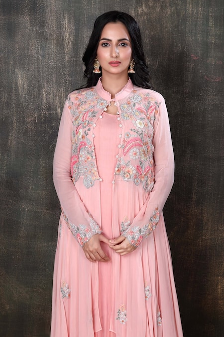 Shop Preeti Jhawar Pink Georgette, Cotton Satin Floral, Gota Open Embroidered Jacket And Pant Set Online at Aza Fashions Shop_Preeti Jhawar_Pink Georgette, Cotton Satin Floral, Gota Open Embroidered Jacket And Pant Set _Online_at_Aza_Fashions