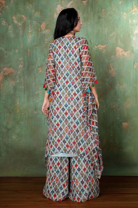 Shop Preeti Jhawar Blue Chiffon Geometric Notched Printed Kaftan And Palazzo Set at Aza Fashions Shop_Preeti Jhawar_Blue Chiffon Geometric Notched Printed Kaftan And Palazzo Set _at_Aza_Fashions
