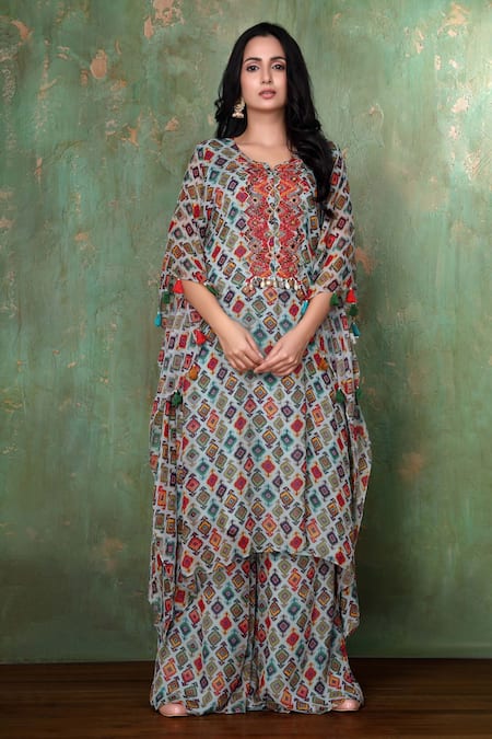 Preeti Jhawar Blue Chiffon Geometric Notched Printed Kaftan And Palazzo Set Online at Aza Fashions Preeti Jhawar_Blue Chiffon Geometric Notched Printed Kaftan And Palazzo Set _Online_at_Aza_Fashions