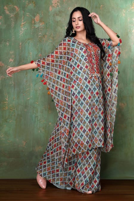 Buy Preeti Jhawar Blue Chiffon Geometric Notched Printed Kaftan And Palazzo Set Online at Aza Fashions Buy_Preeti Jhawar_Blue Chiffon Geometric Notched Printed Kaftan And Palazzo Set _Online_at_Aza_Fashions