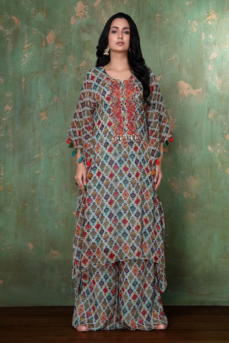 Shop Preeti Jhawar Blue Chiffon Geometric Notched Printed Kaftan And Palazzo Set Online at Aza Fashions Shop_Preeti Jhawar_Blue Chiffon Geometric Notched Printed Kaftan And Palazzo Set _Online_at_Aza_Fashions