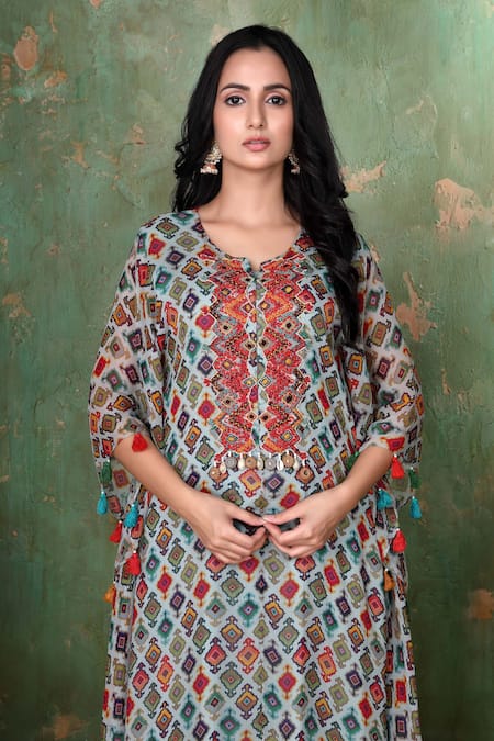 Preeti Jhawar Blue Chiffon Geometric Notched Printed Kaftan And Palazzo Set at Aza Fashions Preeti Jhawar_Blue Chiffon Geometric Notched Printed Kaftan And Palazzo Set _at_Aza_Fashions