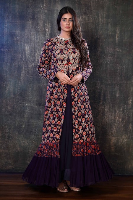 Preeti Jhawar Purple Georgette Floral, Zardozi Round Embroidered Jacket With Tunic 