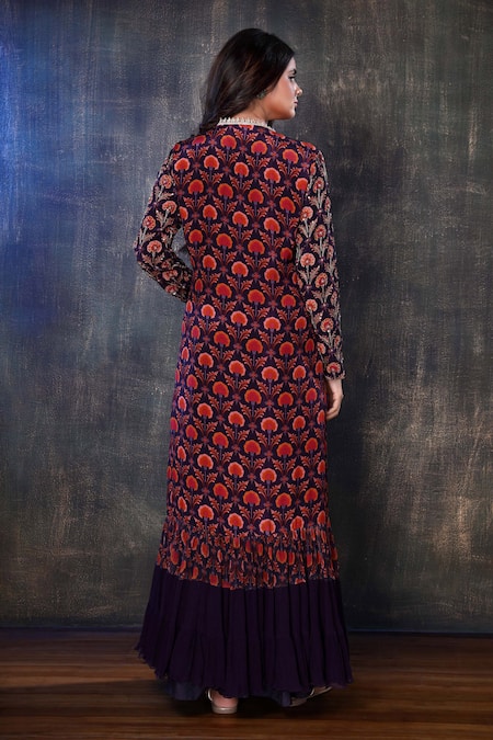 Shop Preeti Jhawar Purple Georgette Floral, Zardozi Round Embroidered Jacket With Tunic at Aza Fashions Shop_Preeti Jhawar_Purple Georgette Floral, Zardozi Round Embroidered Jacket With Tunic _at_Aza_Fashions