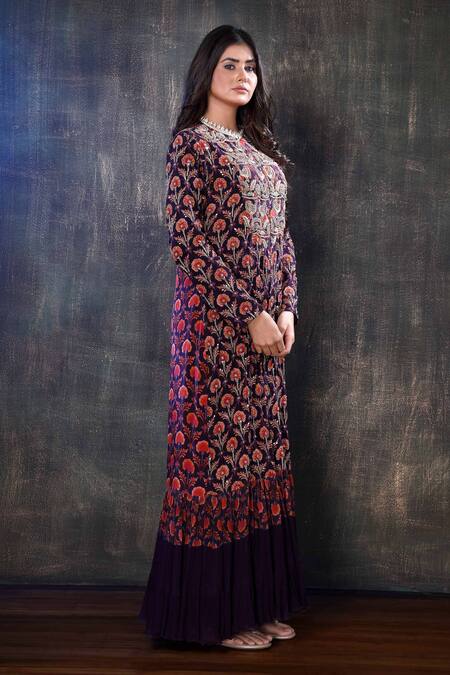 Preeti Jhawar Purple Georgette Floral, Zardozi Round Embroidered Jacket With Tunic Online at Aza Fashions Preeti Jhawar_Purple Georgette Floral, Zardozi Round Embroidered Jacket With Tunic _Online_at_Aza_Fashions