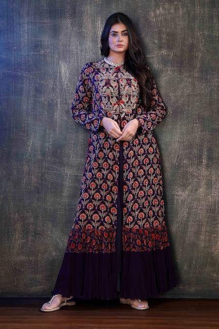 Buy Preeti Jhawar Purple Georgette Floral, Zardozi Round Embroidered Jacket With Tunic Online at Aza Fashions Buy_Preeti Jhawar_Purple Georgette Floral, Zardozi Round Embroidered Jacket With Tunic _Online_at_Aza_Fashions