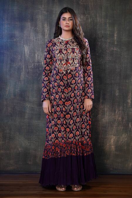 Shop Preeti Jhawar Purple Georgette Floral, Zardozi Round Embroidered Jacket With Tunic Online at Aza Fashions Shop_Preeti Jhawar_Purple Georgette Floral, Zardozi Round Embroidered Jacket With Tunic _Online_at_Aza_Fashions