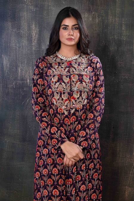 Preeti Jhawar Purple Georgette Floral, Zardozi Round Embroidered Jacket With Tunic at Aza Fashions Preeti Jhawar_Purple Georgette Floral, Zardozi Round Embroidered Jacket With Tunic _at_Aza_Fashions
