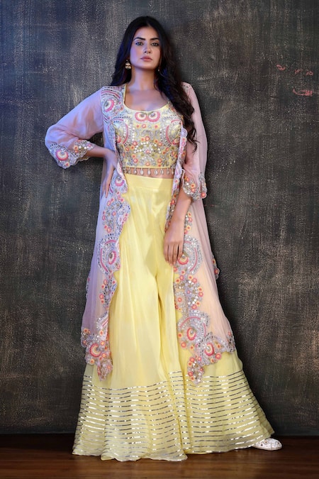 Preeti Jhawar Pink Organza Embroidery Gota Open Jacket And Sharara Set 