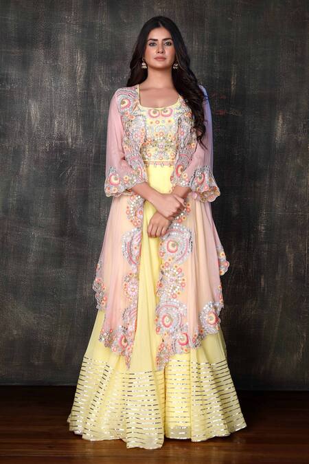 Shop Preeti Jhawar Pink Organza, Chiffon Floral, Gota Open Embroidered Jacket And Sharara Set at Aza Fashions Shop_Preeti Jhawar_Pink Organza, Chiffon Floral, Gota Open Embroidered Jacket And Sharara Set _at_Aza_Fashions