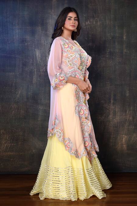 Preeti Jhawar Pink Organza, Chiffon Floral, Gota Open Embroidered Jacket And Sharara Set Online at Aza Fashions Preeti Jhawar_Pink Organza, Chiffon Floral, Gota Open Embroidered Jacket And Sharara Set _Online_at_Aza_Fashions