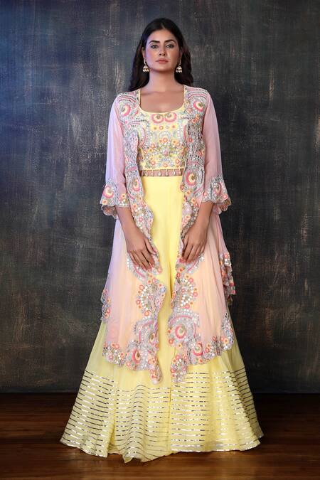 Buy Preeti Jhawar Pink Organza, Chiffon Floral, Gota Open Embroidered Jacket And Sharara Set Online at Aza Fashions Buy_Preeti Jhawar_Pink Organza, Chiffon Floral, Gota Open Embroidered Jacket And Sharara Set _Online_at_Aza_Fashions