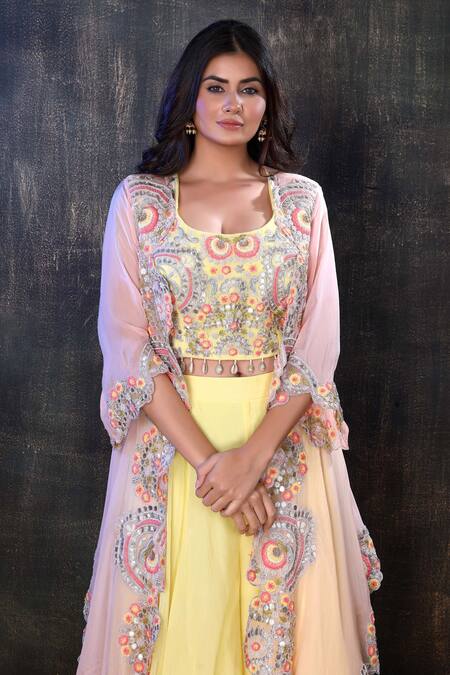 Shop Preeti Jhawar Pink Organza, Chiffon Floral, Gota Open Embroidered Jacket And Sharara Set Online at Aza Fashions Shop_Preeti Jhawar_Pink Organza, Chiffon Floral, Gota Open Embroidered Jacket And Sharara Set _Online_at_Aza_Fashions