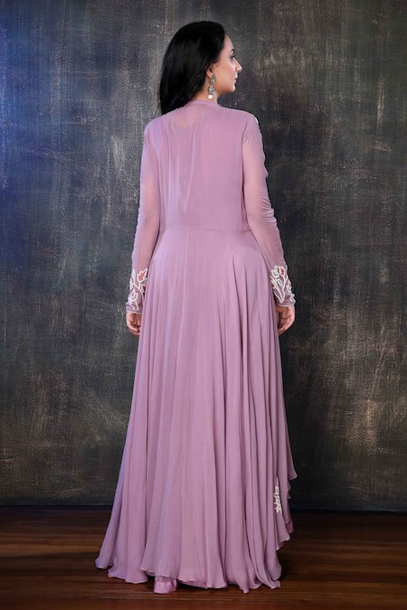 Shop Preeti Jhawar Purple Georgette, Cotton Satin Floral, Zardozi Embroidered Jacket And Pant Set at Aza Fashions Shop_Preeti Jhawar_Purple Georgette, Cotton Satin Floral, Zardozi Embroidered Jacket And Pant Set _at_Aza_Fashions