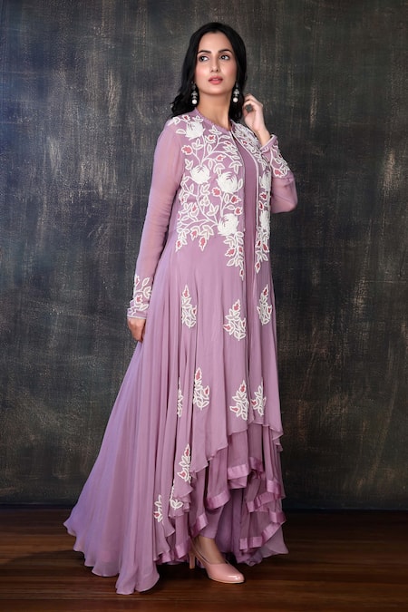 Preeti Jhawar Purple Georgette, Cotton Satin Floral, Zardozi Embroidered Jacket And Pant Set Online at Aza Fashions Preeti Jhawar_Purple Georgette, Cotton Satin Floral, Zardozi Embroidered Jacket And Pant Set _Online_at_Aza_Fashions