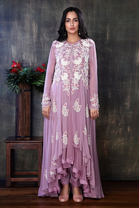 Buy Preeti Jhawar Purple Georgette, Cotton Satin Floral, Zardozi Embroidered Jacket And Pant Set Online at Aza Fashions Buy_Preeti Jhawar_Purple Georgette, Cotton Satin Floral, Zardozi Embroidered Jacket And Pant Set _Online_at_Aza_Fashions