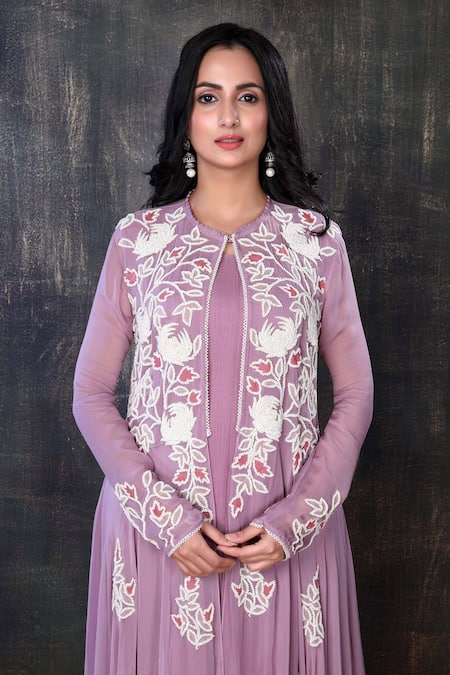 Shop Preeti Jhawar Purple Georgette, Cotton Satin Floral, Zardozi Embroidered Jacket And Pant Set Online at Aza Fashions Shop_Preeti Jhawar_Purple Georgette, Cotton Satin Floral, Zardozi Embroidered Jacket And Pant Set _Online_at_Aza_Fashions