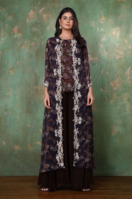 Shop Preeti Jhawar Purple Chiffon Floral Open Embroidered Jacket And Sharara Set at Aza Fashions Shop_Preeti Jhawar_Purple Chiffon Floral Open Embroidered Jacket And Sharara Set _at_Aza_Fashions