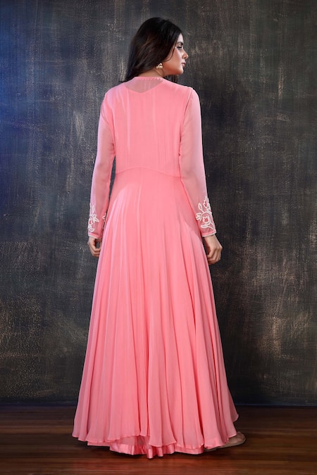 Shop Preeti Jhawar Orange Georgette, Cotton Satin Floral, Zardozi Embroidered Jacket And Pant Set at Aza Fashions Shop_Preeti Jhawar_Orange Georgette, Cotton Satin Floral, Zardozi Embroidered Jacket And Pant Set _at_Aza_Fashions