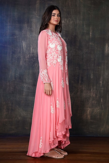 Preeti Jhawar Orange Georgette, Cotton Satin Floral, Zardozi Embroidered Jacket And Pant Set Online at Aza Fashions Preeti Jhawar_Orange Georgette, Cotton Satin Floral, Zardozi Embroidered Jacket And Pant Set _Online_at_Aza_Fashions