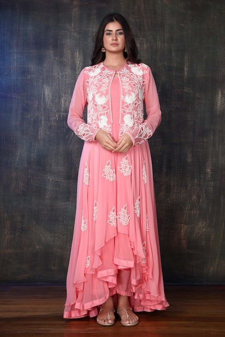 Buy Preeti Jhawar Orange Georgette, Cotton Satin Floral, Zardozi Embroidered Jacket And Pant Set Online at Aza Fashions Buy_Preeti Jhawar_Orange Georgette, Cotton Satin Floral, Zardozi Embroidered Jacket And Pant Set _Online_at_Aza_Fashions