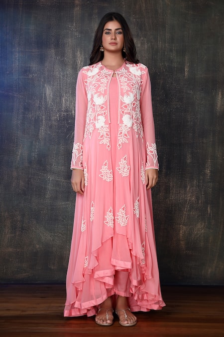 Shop Preeti Jhawar Orange Georgette, Cotton Satin Floral, Zardozi Embroidered Jacket And Pant Set Online at Aza Fashions Shop_Preeti Jhawar_Orange Georgette, Cotton Satin Floral, Zardozi Embroidered Jacket And Pant Set _Online_at_Aza_Fashions