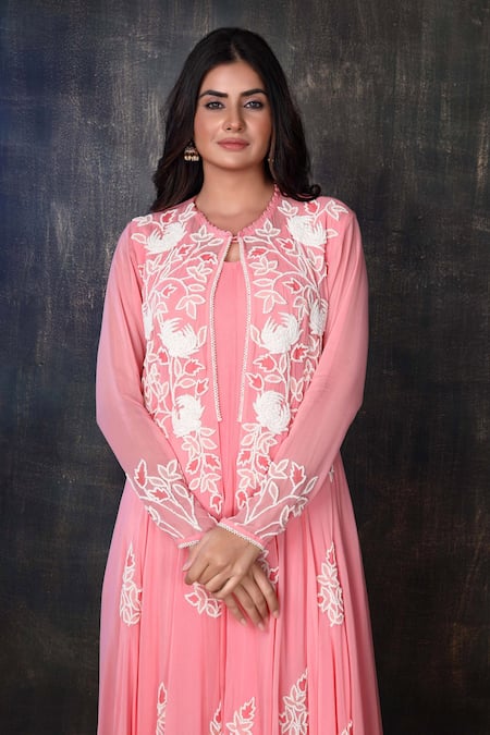 Preeti Jhawar Orange Georgette, Cotton Satin Floral, Zardozi Embroidered Jacket And Pant Set at Aza Fashions Preeti Jhawar_Orange Georgette, Cotton Satin Floral, Zardozi Embroidered Jacket And Pant Set _at_Aza_Fashions