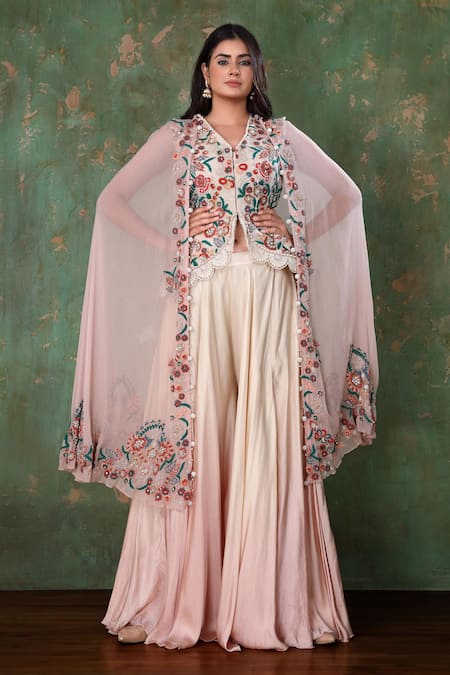 Preeti Jhawar Pink Chiffon, Cotton Satin Floral, Moti Cape Open, Embroidered And Sharara Set 