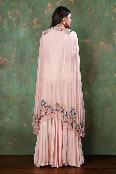 Shop Preeti Jhawar Pink Chiffon, Cotton Satin Floral, Moti Cape Open, Embroidered And Sharara Set at Aza Fashions Shop_Preeti Jhawar_Pink Chiffon, Cotton Satin Floral, Moti Cape Open, Embroidered And Sharara Set _at_Aza_Fashions