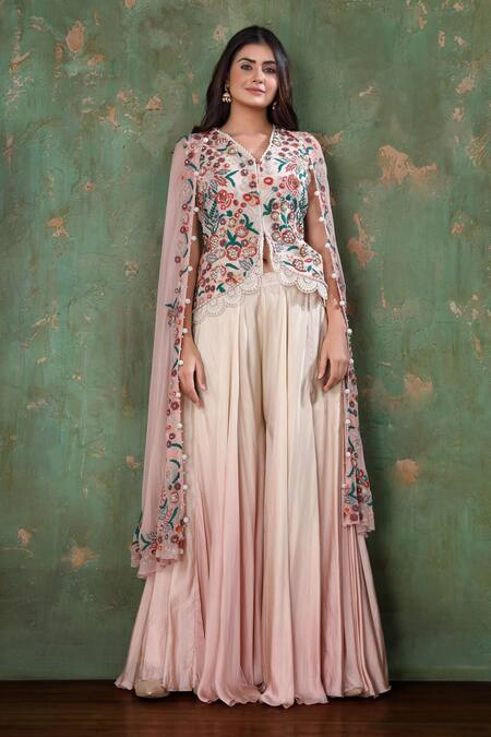 Preeti Jhawar Pink Chiffon, Cotton Satin Floral, Moti Cape Open, Embroidered And Sharara Set Online at Aza Fashions Preeti Jhawar_Pink Chiffon, Cotton Satin Floral, Moti Cape Open, Embroidered And Sharara Set _Online_at_Aza_Fashions